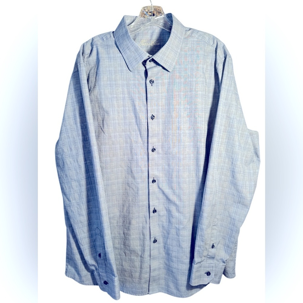 Tasso Elba-Mens Long Sleeve Button Down Shirt, X LG- Blues & Grey Muli‎ Color